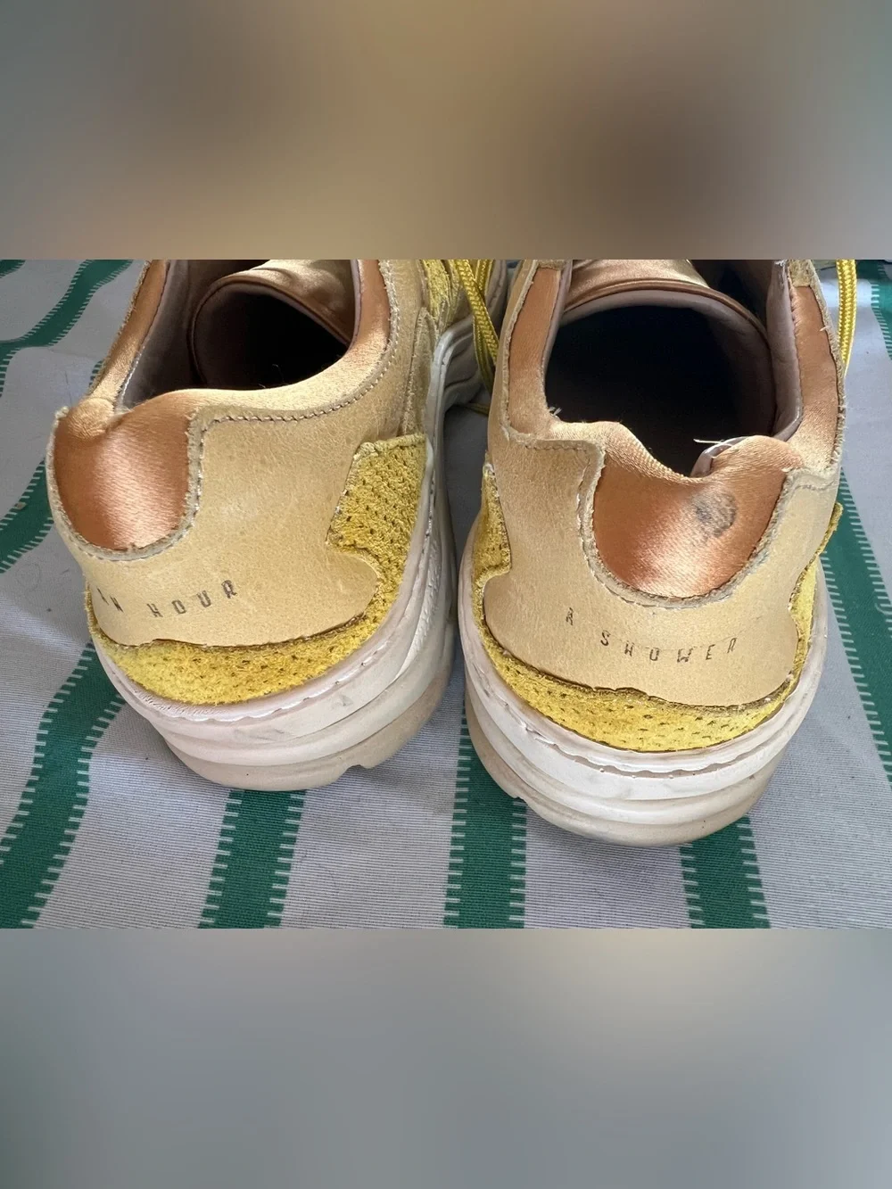 An hour and a shower Mustard Yellow Suede & Leather satin Chunky Sneaker Sz 39